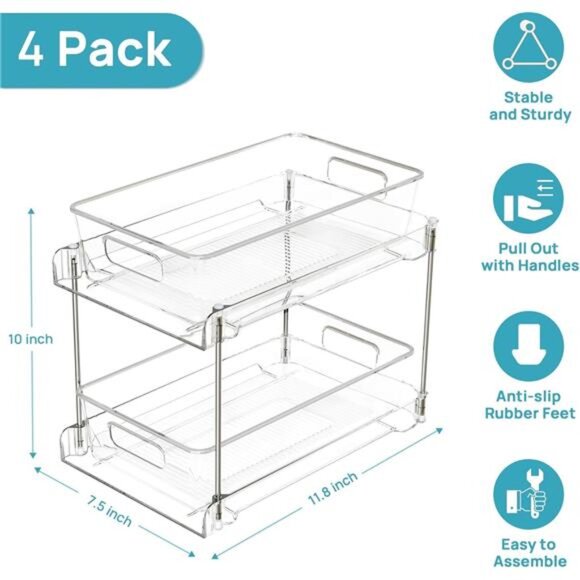 2 Tier Bathroom Storage Organizer, 4 Pack Clear Under Sink Organizers - Picture 2 of 7